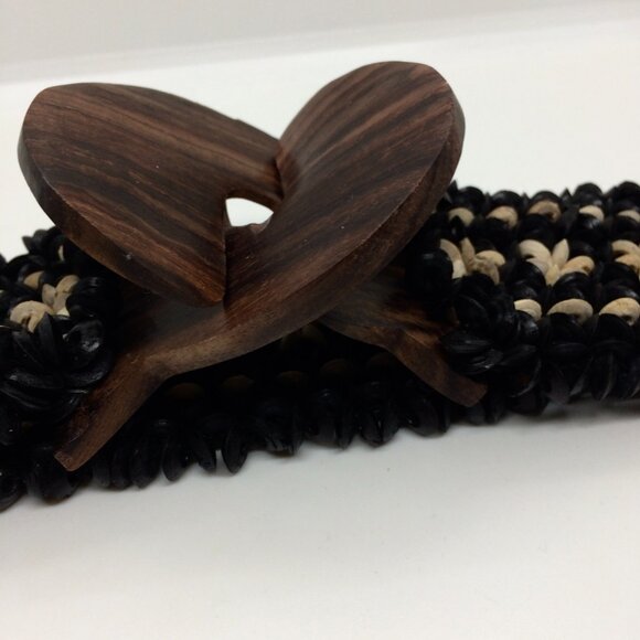 BOHO COCOCONUT BEAD Stretch Belt Wood Frangipani Buckle Black Cream